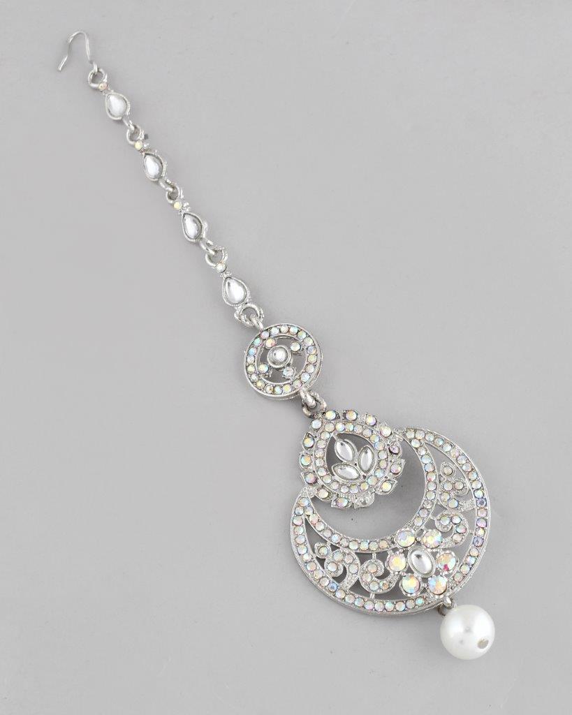 VOJ Silver Plated White AD-Studded Handcrafted Maang Tikka - Swadesiicart