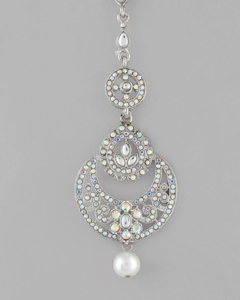 VOJ Silver Plated White AD-Studded Handcrafted Maang Tikka - Swadesiicart