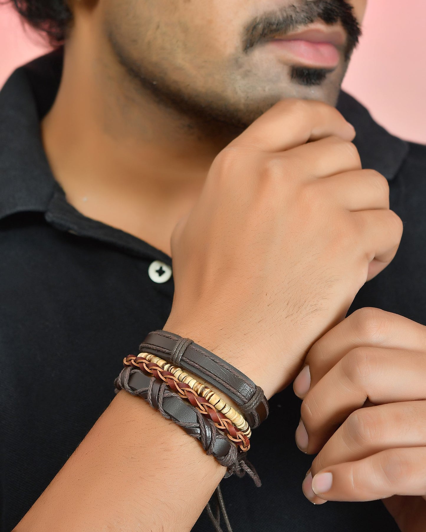 VOJ Men Set of 4 Brown Leather Wrap around Bracelet - Swadesiicart