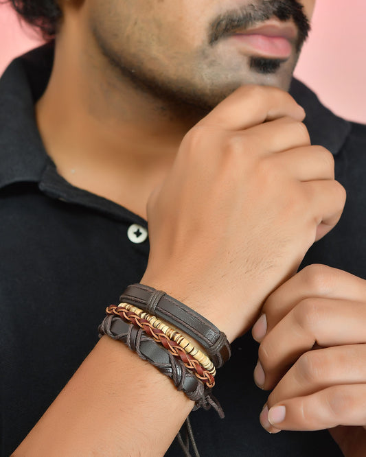 VOJ Men Set of 4 Brown Leather Wrap around Bracelet - Swadesiicart