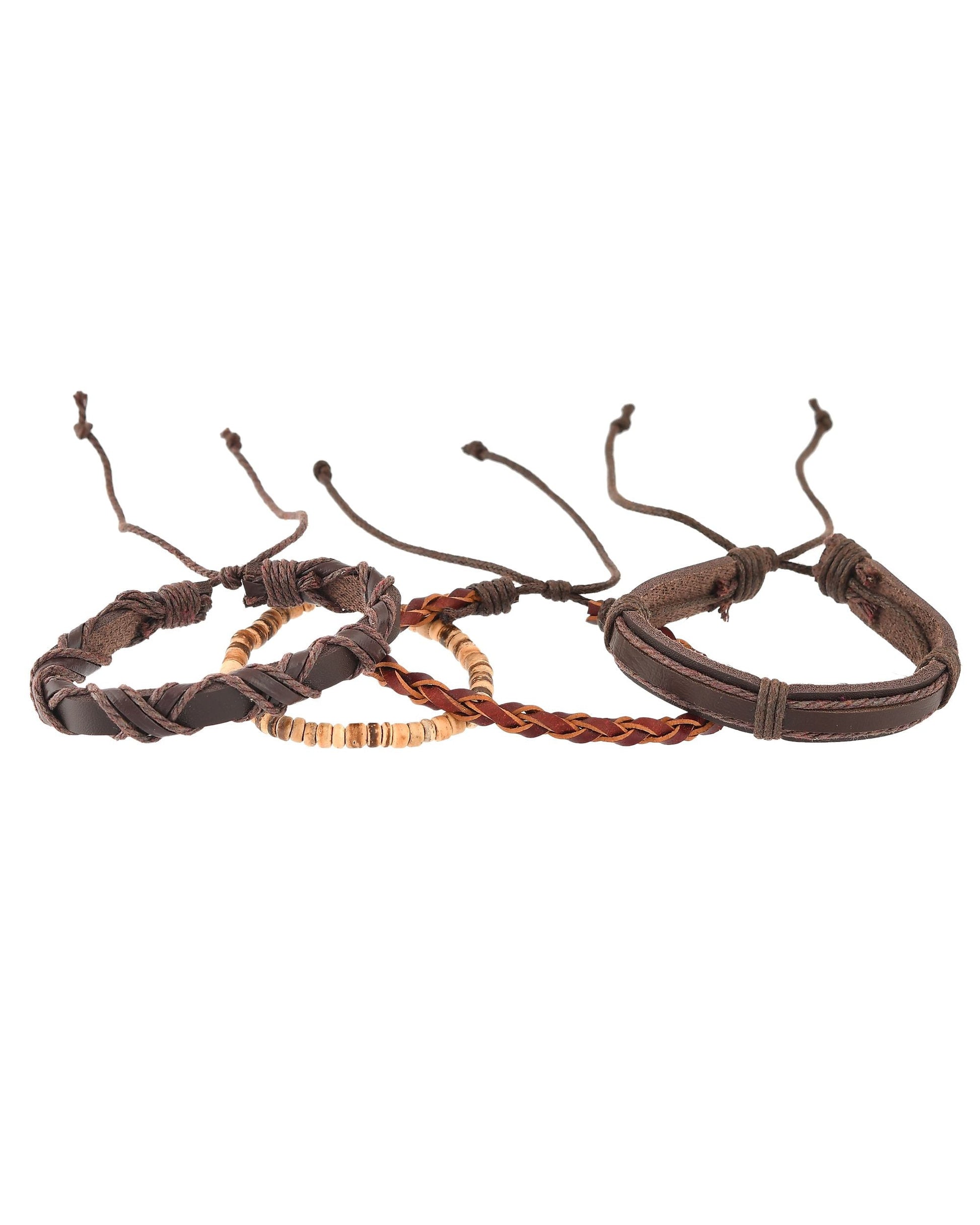VOJ Men Set of 4 Brown Leather Wrap around Bracelet - Swadesiicart