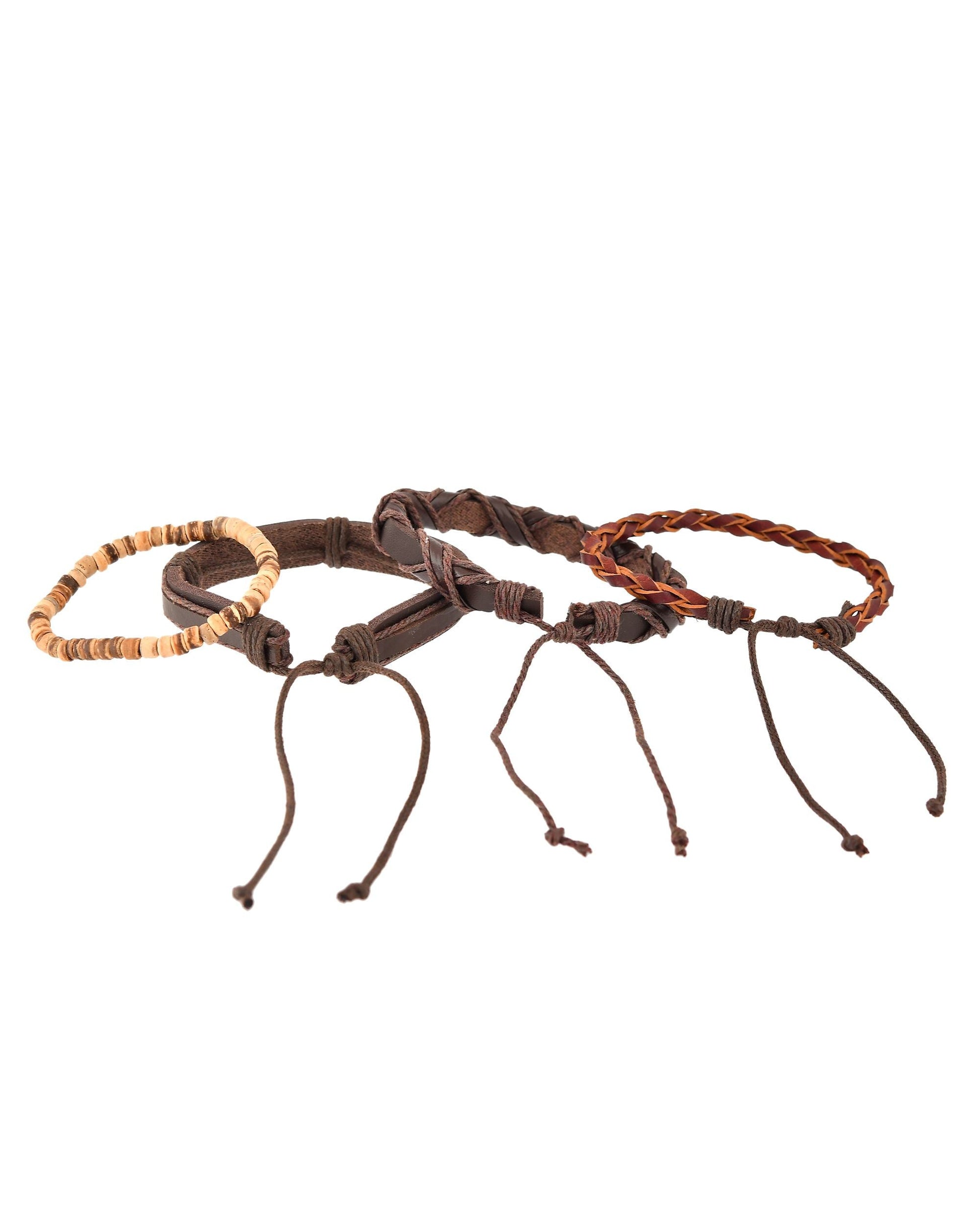 VOJ Men Set of 4 Brown Leather Wrap around Bracelet - Swadesiicart