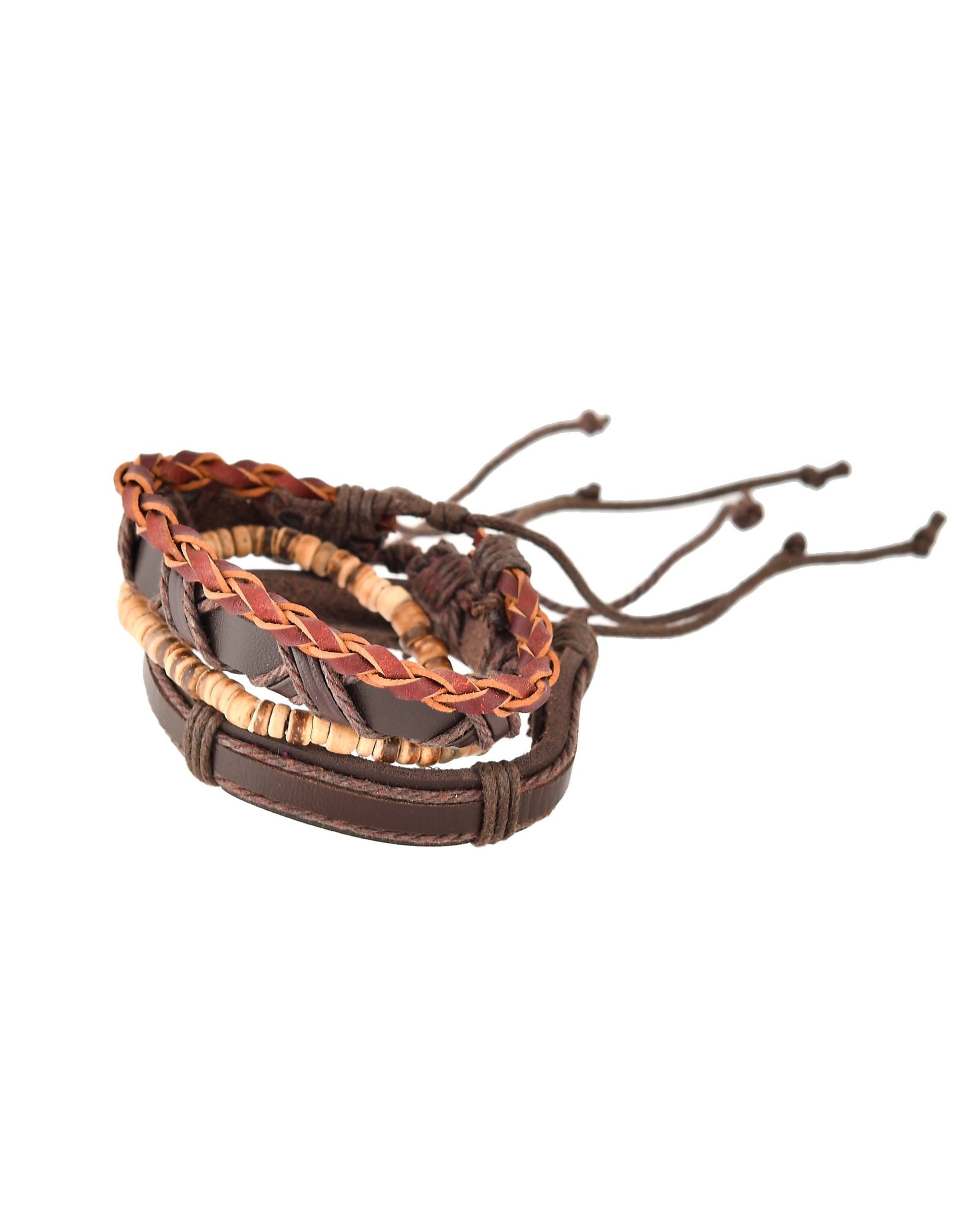VOJ Men Set of 4 Brown Leather Wrap around Bracelet - Swadesiicart