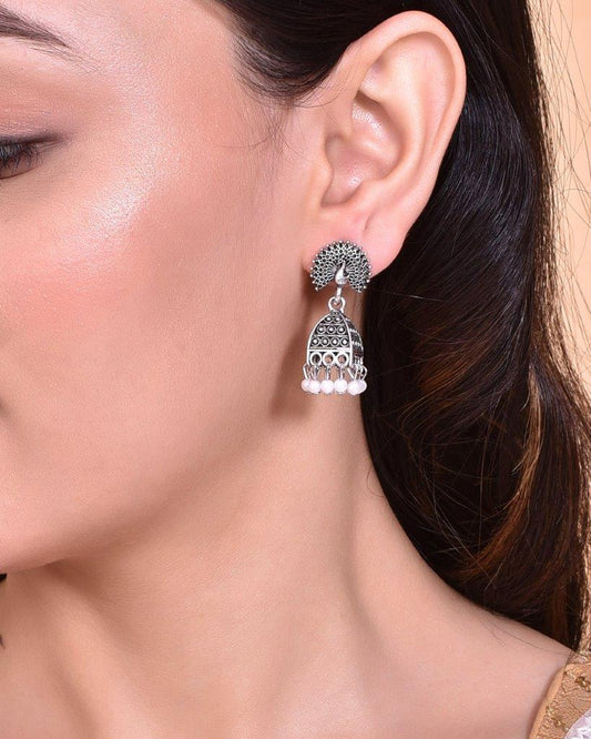 VOJ White Beads Studded Oxidised Silver Plated Contemporary Jhumka - Swadesiicart