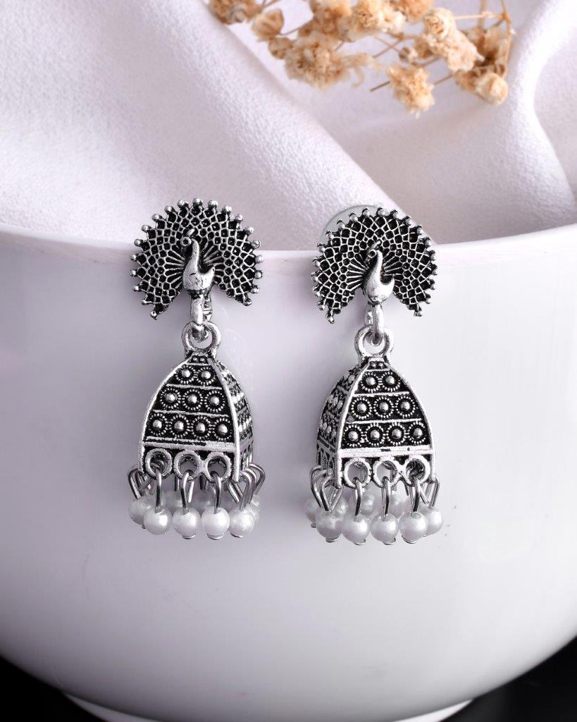VOJ White Beads Studded Oxidised Silver Plated Contemporary Jhumka - Swadesiicart
