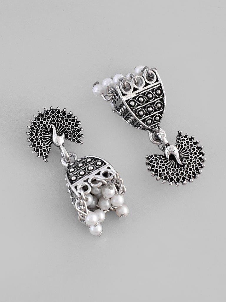 VOJ White Beads Studded Oxidised Silver Plated Contemporary Jhumka - Swadesiicart