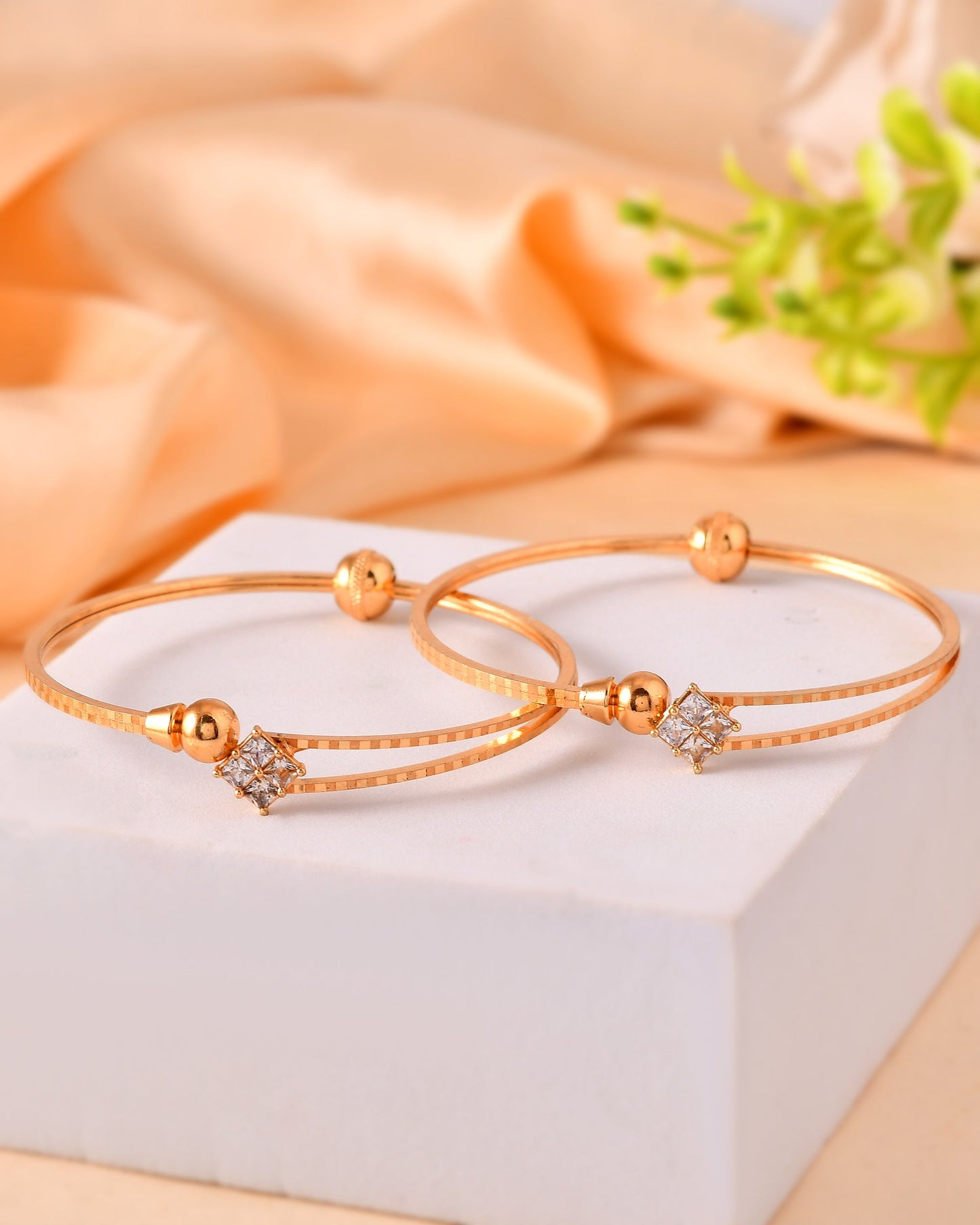 VOJ Set Of 2 Gold Polished Stone Studded Squares Shaped Bangles - Swadesiicart