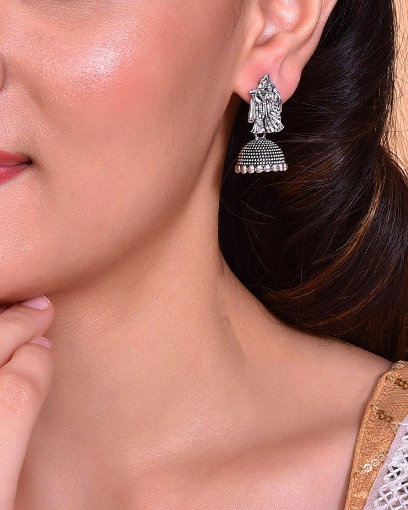 VOJ Kanha Studded Oxidised Silver Plated Contemporary Jhumka - VOJ (Valley Of Jewellery)