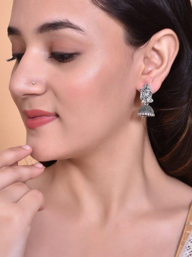 VOJ Kanha Studded Oxidised Silver Plated Contemporary Jhumka - Swadesiicart