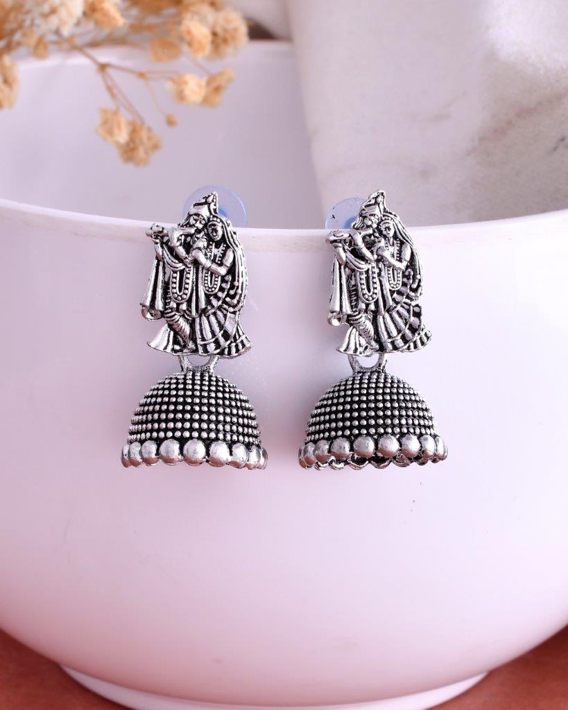 VOJ Kanha Studded Oxidised Silver Plated Contemporary Jhumka - Swadesiicart