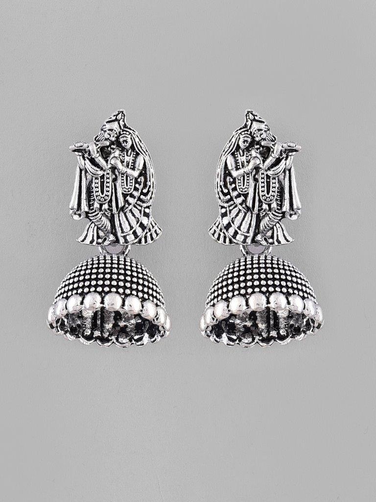 VOJ Kanha Studded Oxidised Silver Plated Contemporary Jhumka - Swadesiicart