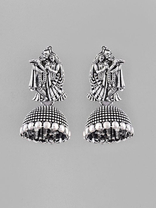 VOJ Kanha Studded Oxidised Silver Plated Contemporary Jhumka - Swadesiicart