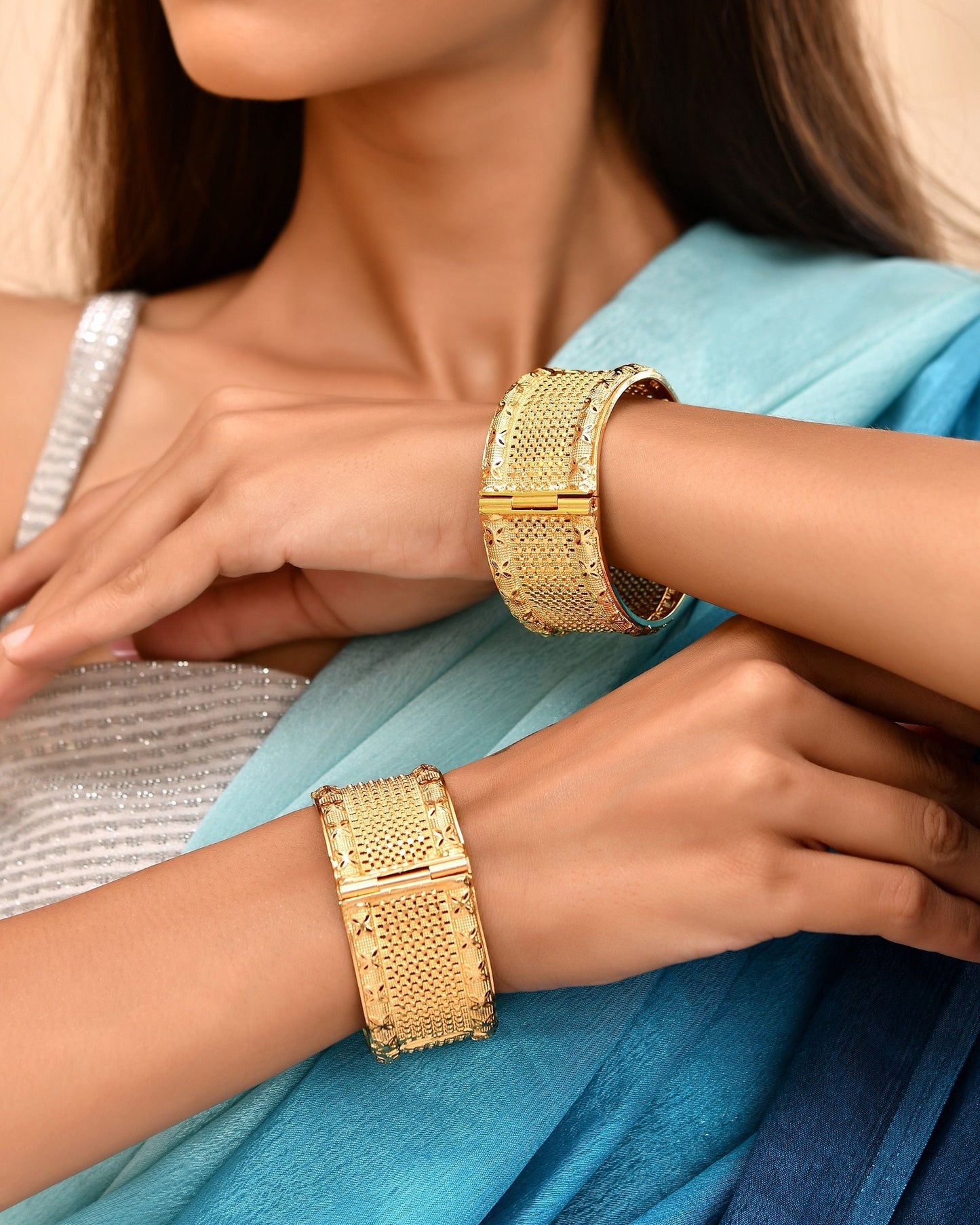 VOJ Set Of 2 Gold Polished Hand Crafted Bangles - Swadesiicart