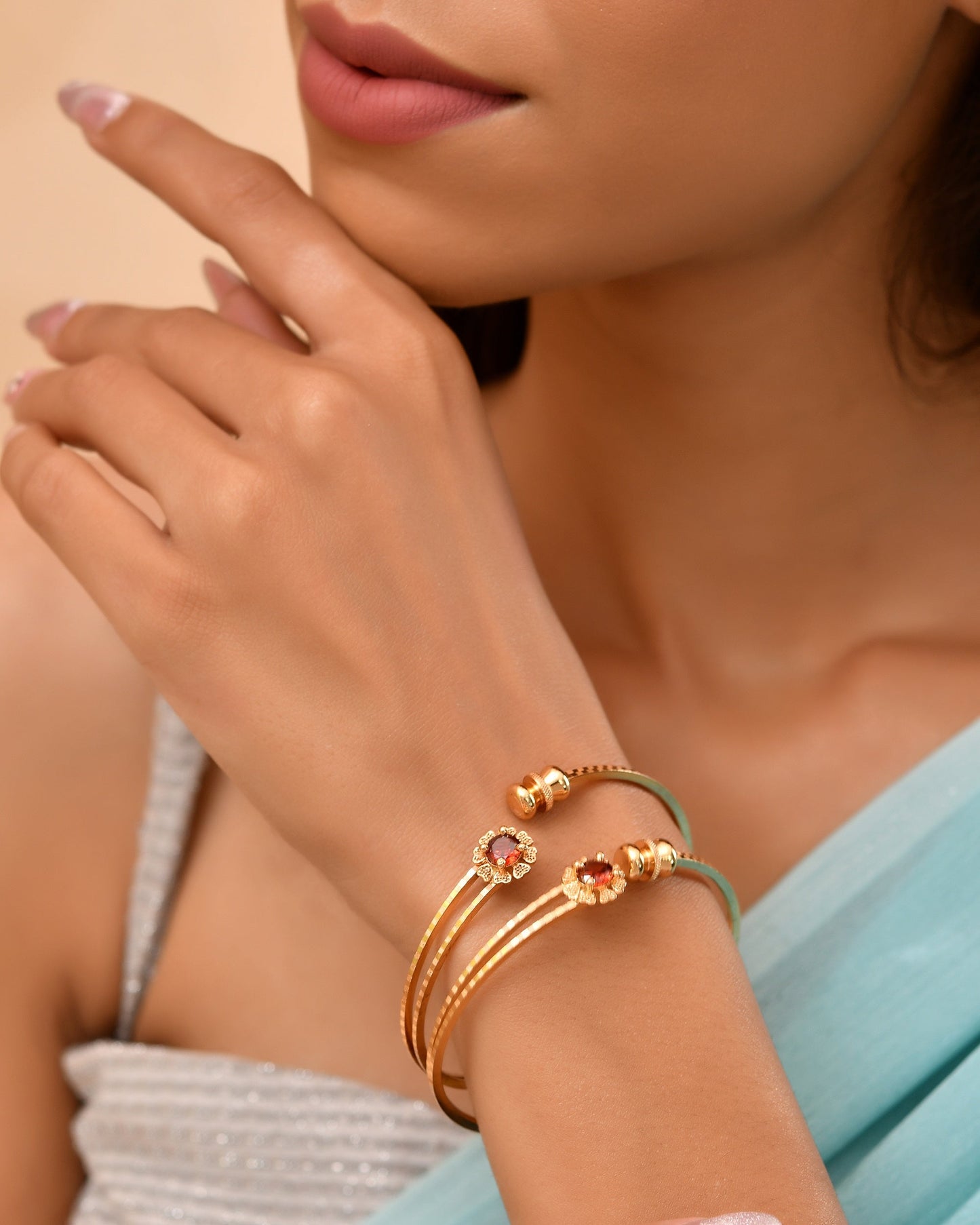 VOJ Set Of 2 Gold Polished Red Stone-Studded Bangles - Swadesiicart