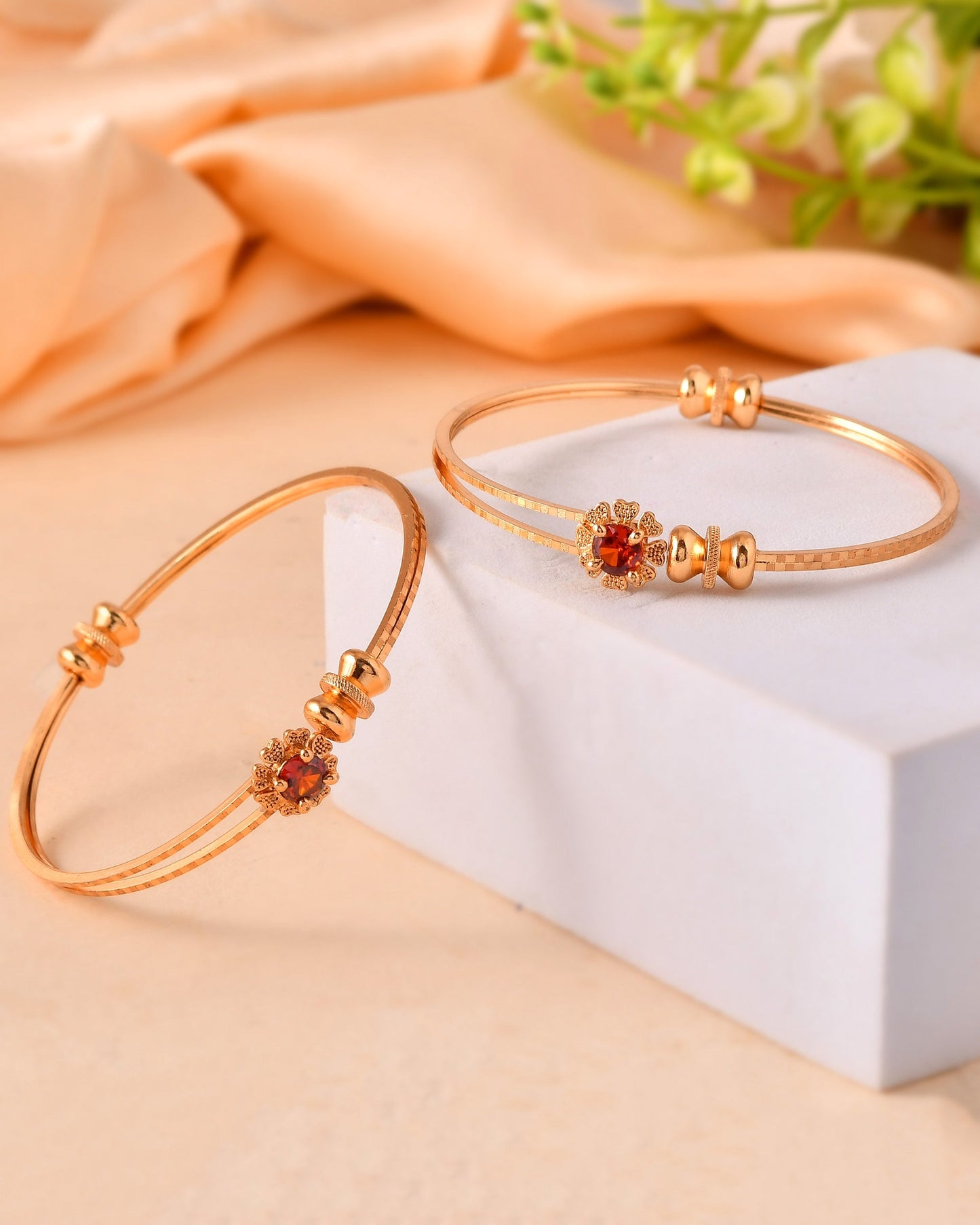 VOJ Set Of 2 Gold Polished Red Stone-Studded Bangles - Swadesiicart