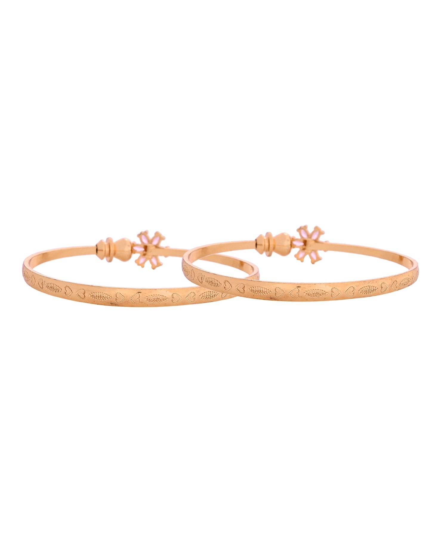 VOJ Set Of 2 Gold Polished Pink Stone Studded Floral Shaped Bangles - Swadesiicart