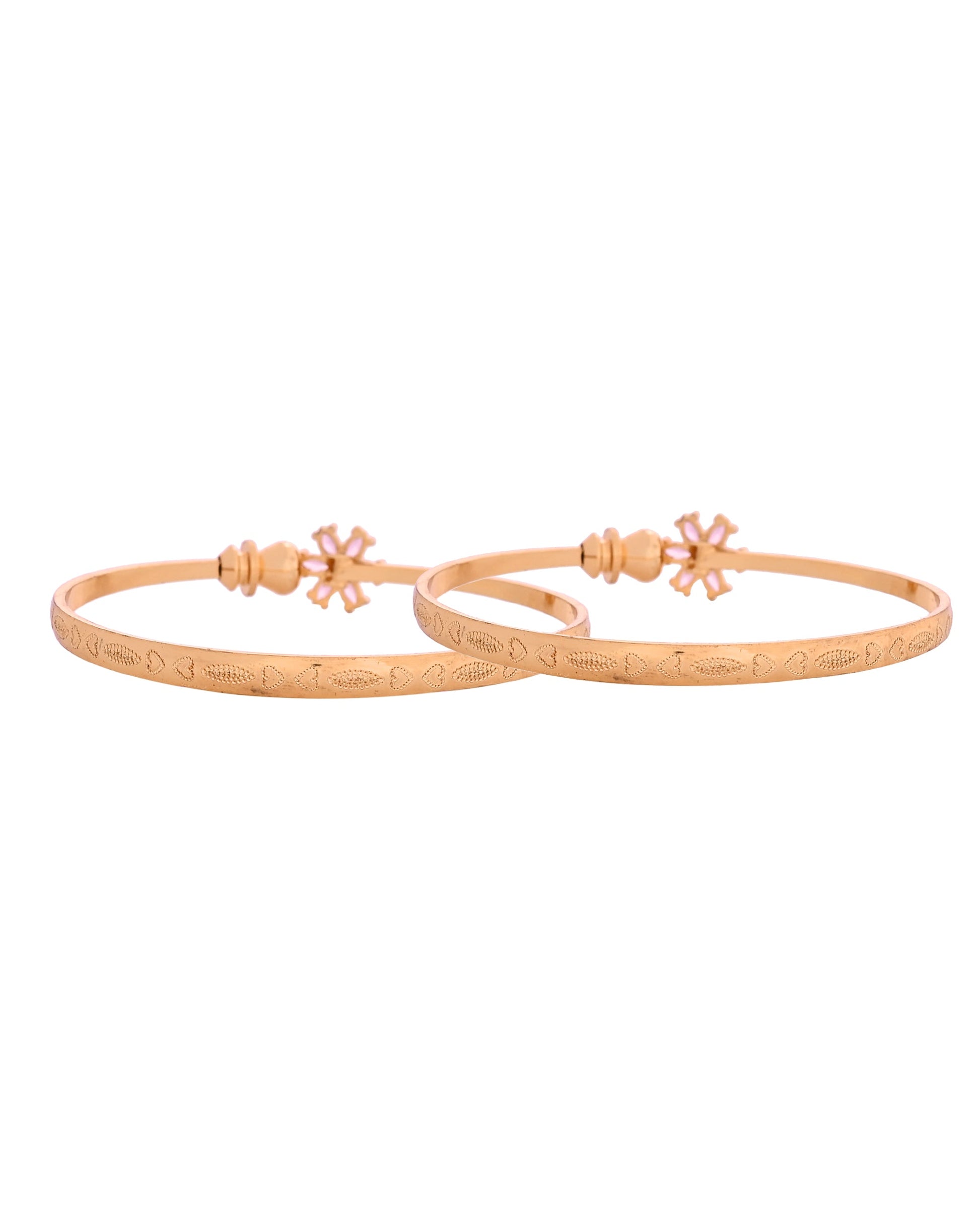 VOJ Set Of 2 Gold Polished Pink Stone Studded Floral Shaped Bangles - Swadesiicart
