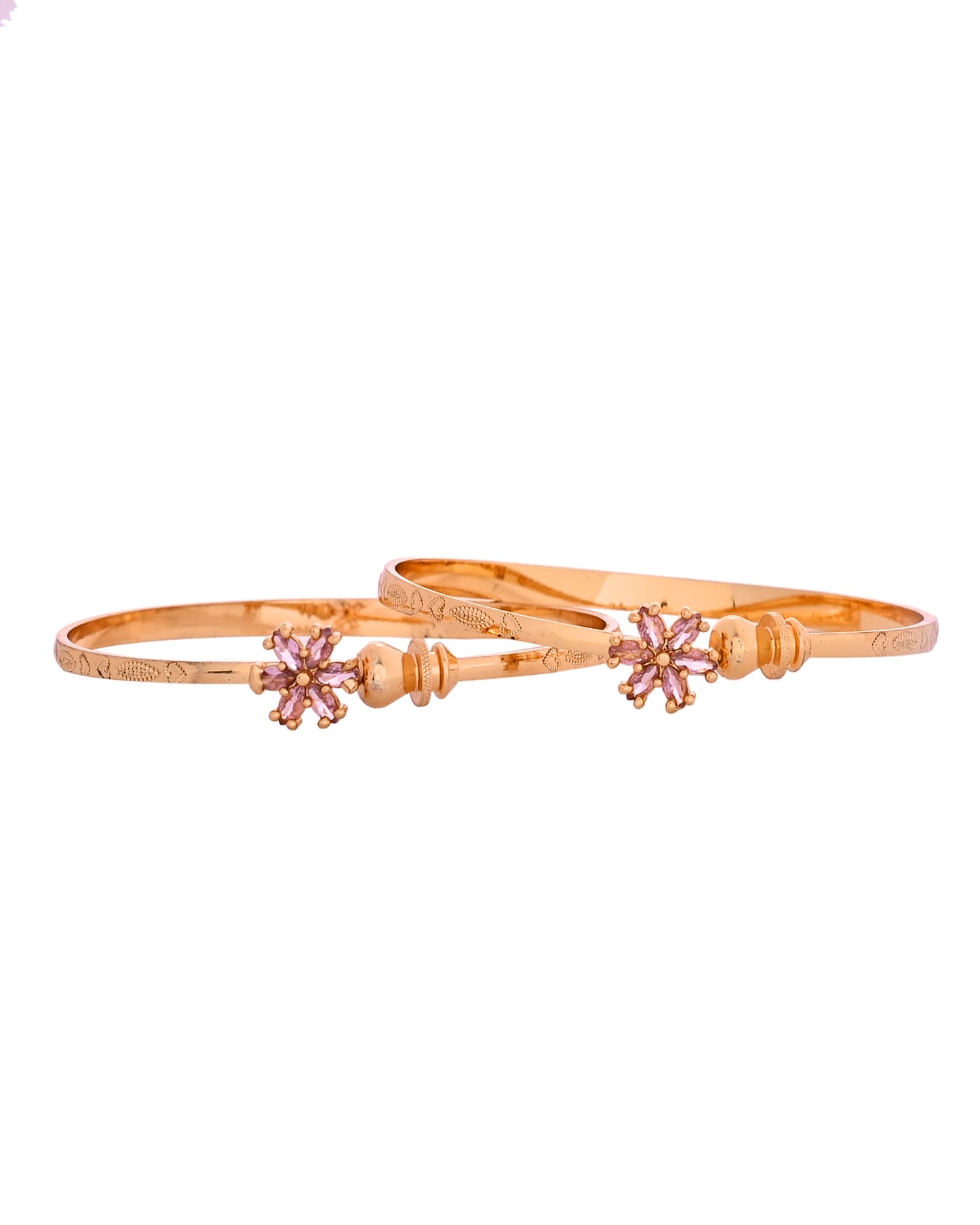 VOJ Set Of 2 Gold Polished Pink Stone Studded Floral Shaped Bangles - Swadesiicart