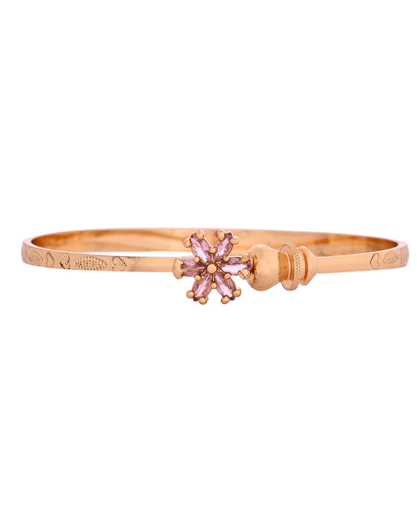 VOJ Set Of 2 Gold Polished Pink Stone Studded Floral Shaped Bangles - Swadesiicart