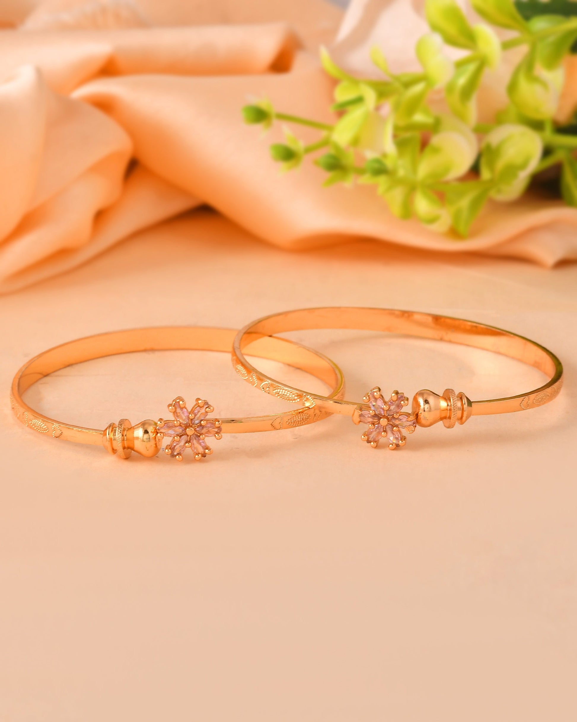VOJ Set Of 2 Gold Polished Pink Stone Studded Floral Shaped Bangles - Swadesiicart
