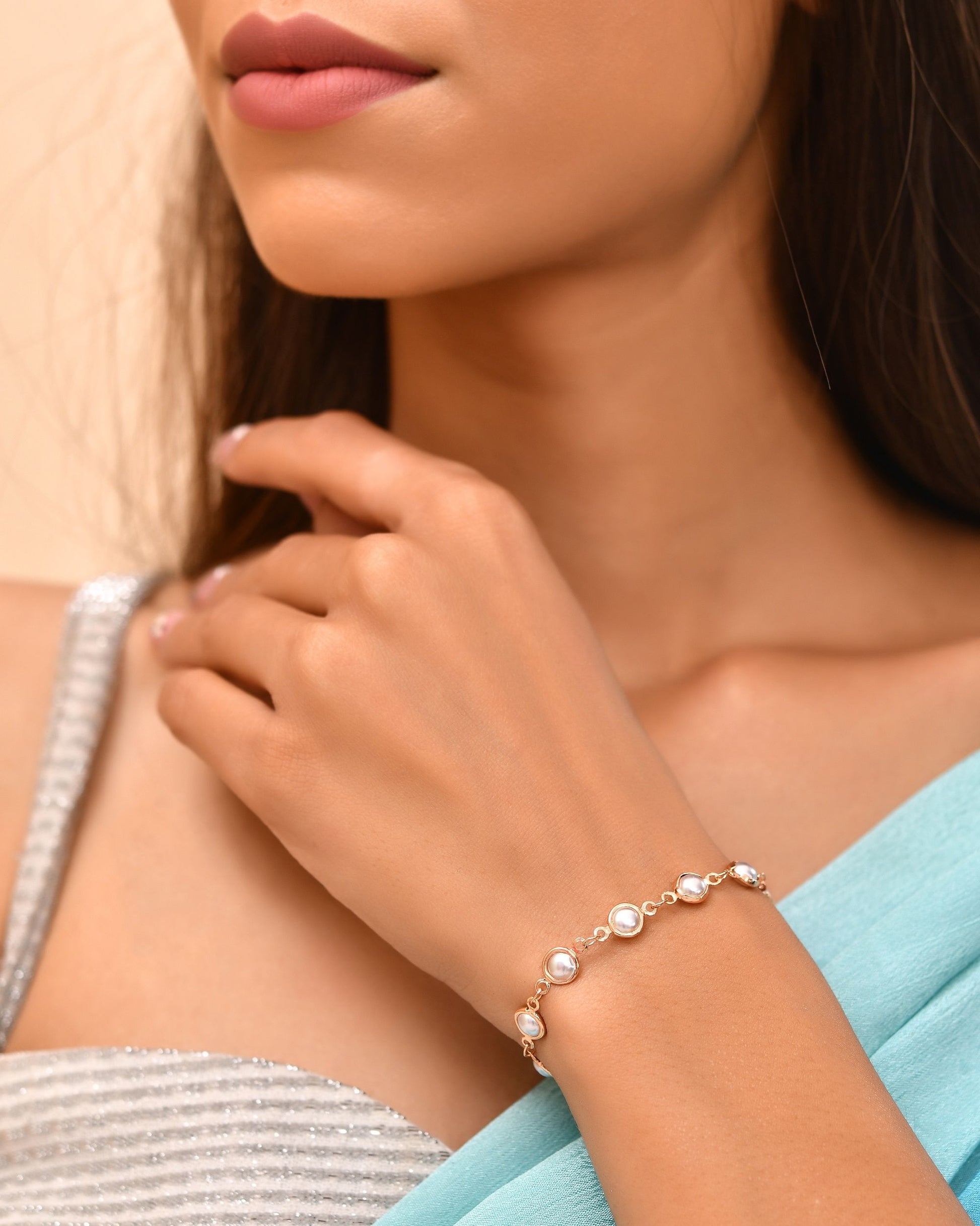 VOJ Rose Gold Polished Pearl Studded Bracelet - Swadesiicart