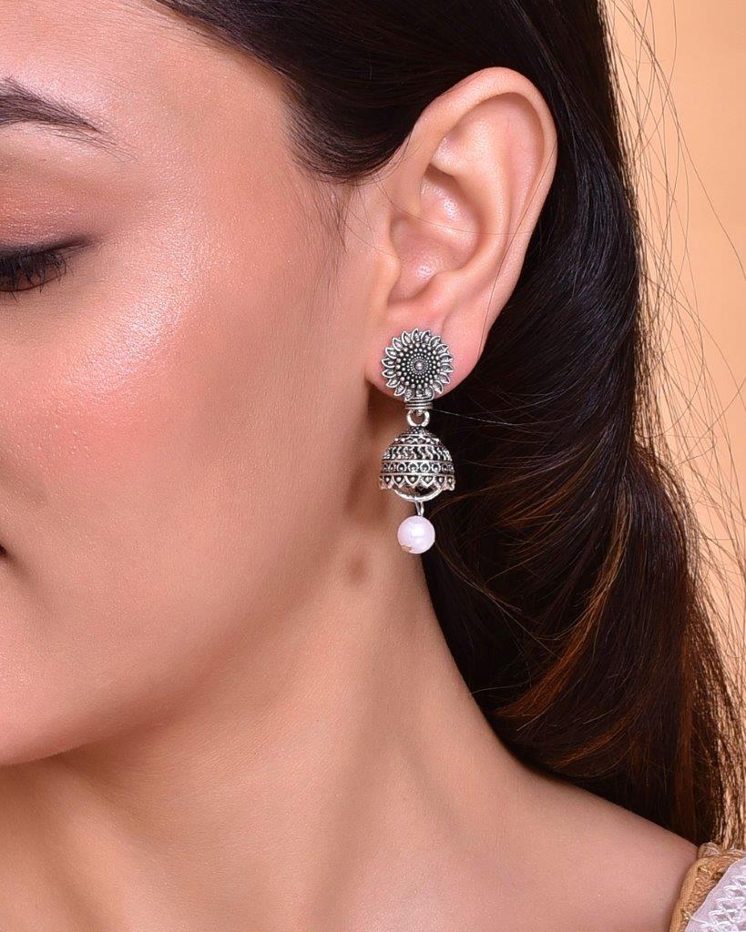 VOJ White Bead Studded Circular Oxidised Silver Plated Contemporary Jhumka - VOJ (Valley Of Jewellery)