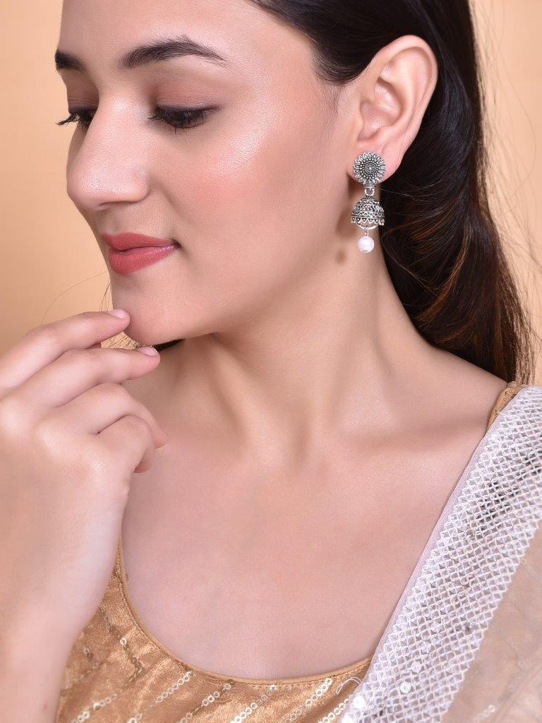 VOJ White Bead Studded Circular Oxidised Silver Plated Contemporary Jhumka - Swadesiicart