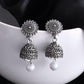 VOJ White Bead Studded Circular Oxidised Silver Plated Contemporary Jhumka - Swadesiicart