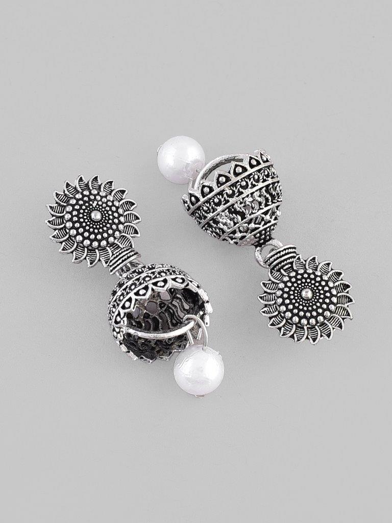 VOJ White Bead Studded Circular Oxidised Silver Plated Contemporary Jhumka - Swadesiicart