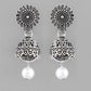 VOJ White Bead Studded Circular Oxidised Silver Plated Contemporary Jhumka - Swadesiicart