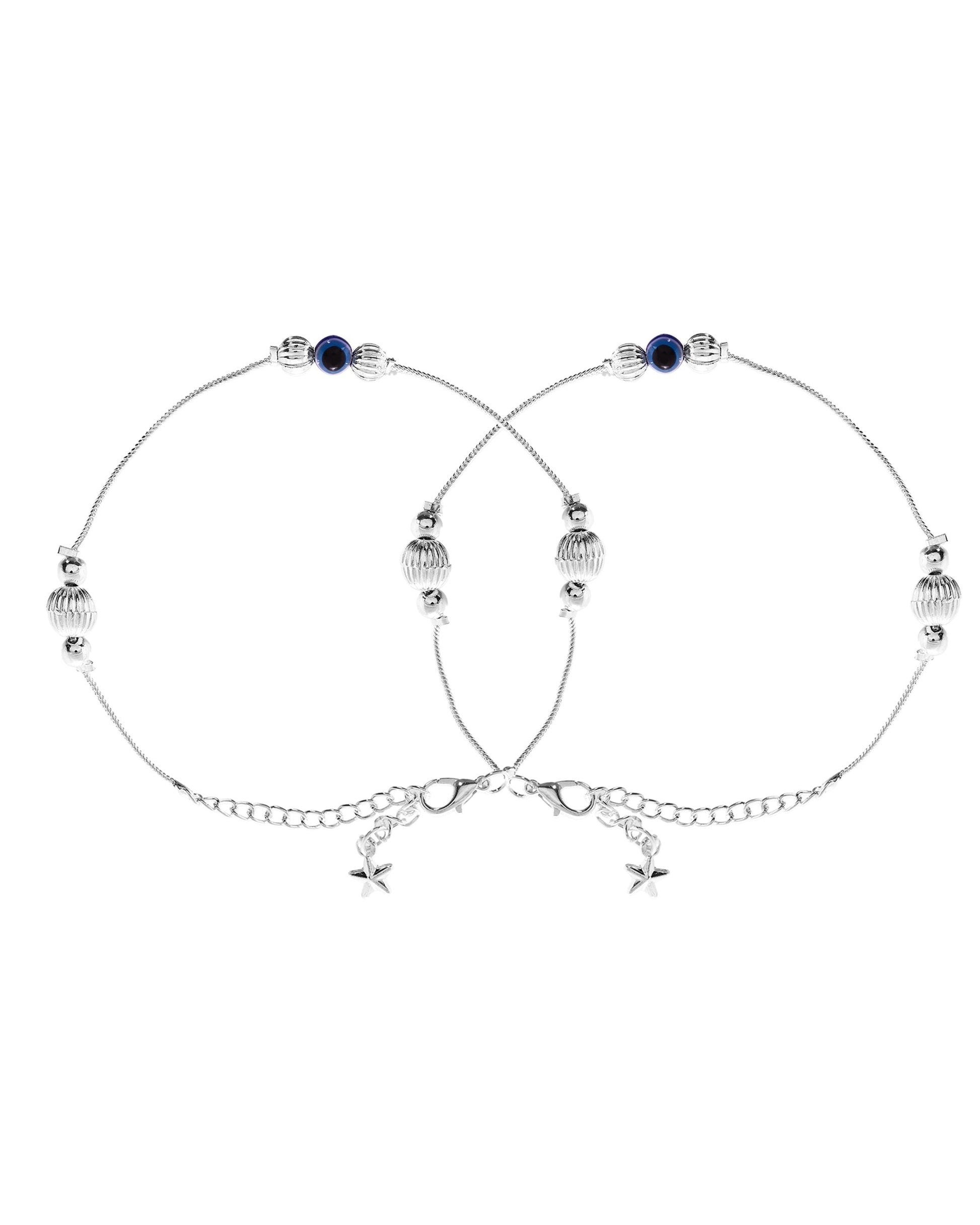 VOJ Set of 2 Silver Plated Handcrafted Evil Eye Anklet - Swadesiicart