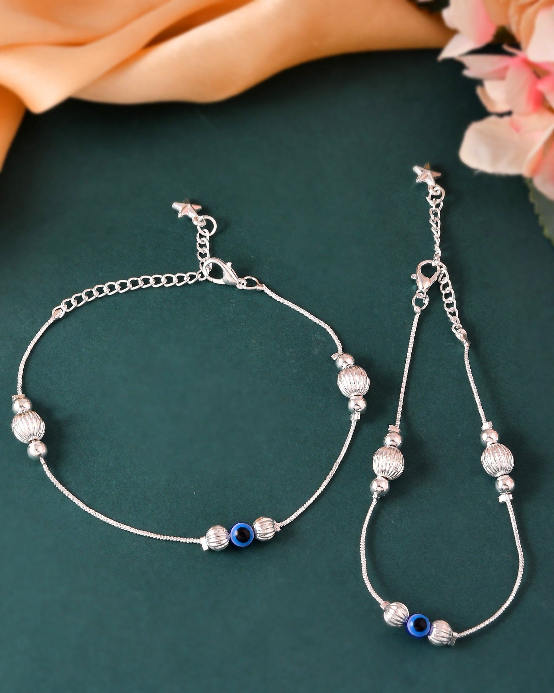 VOJ Set of 2 Silver Plated Handcrafted Evil Eye Anklet - Swadesiicart
