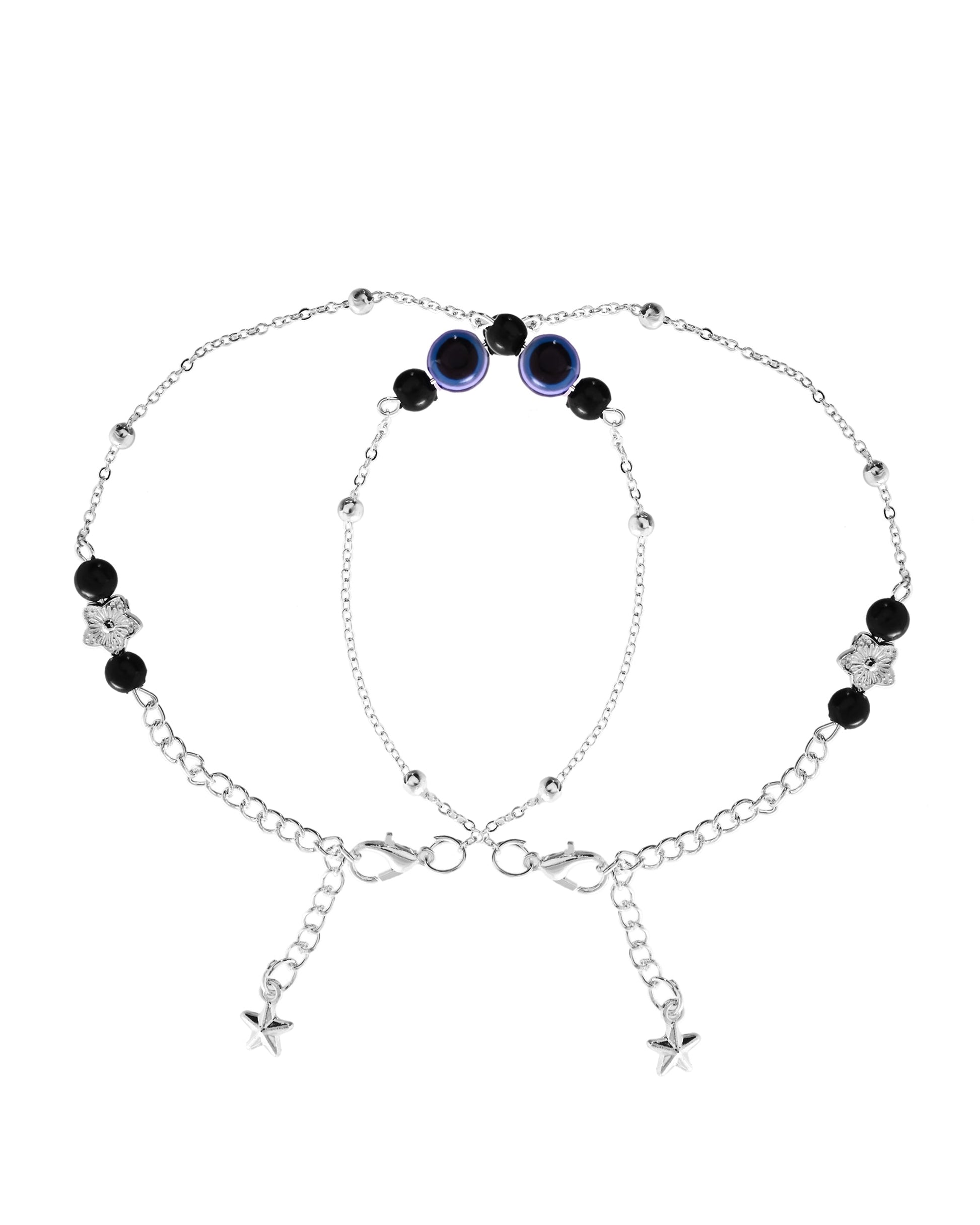 VOJ Set of 2 Silver Plated Evil Eye Beaded Anklet - Swadesiicart