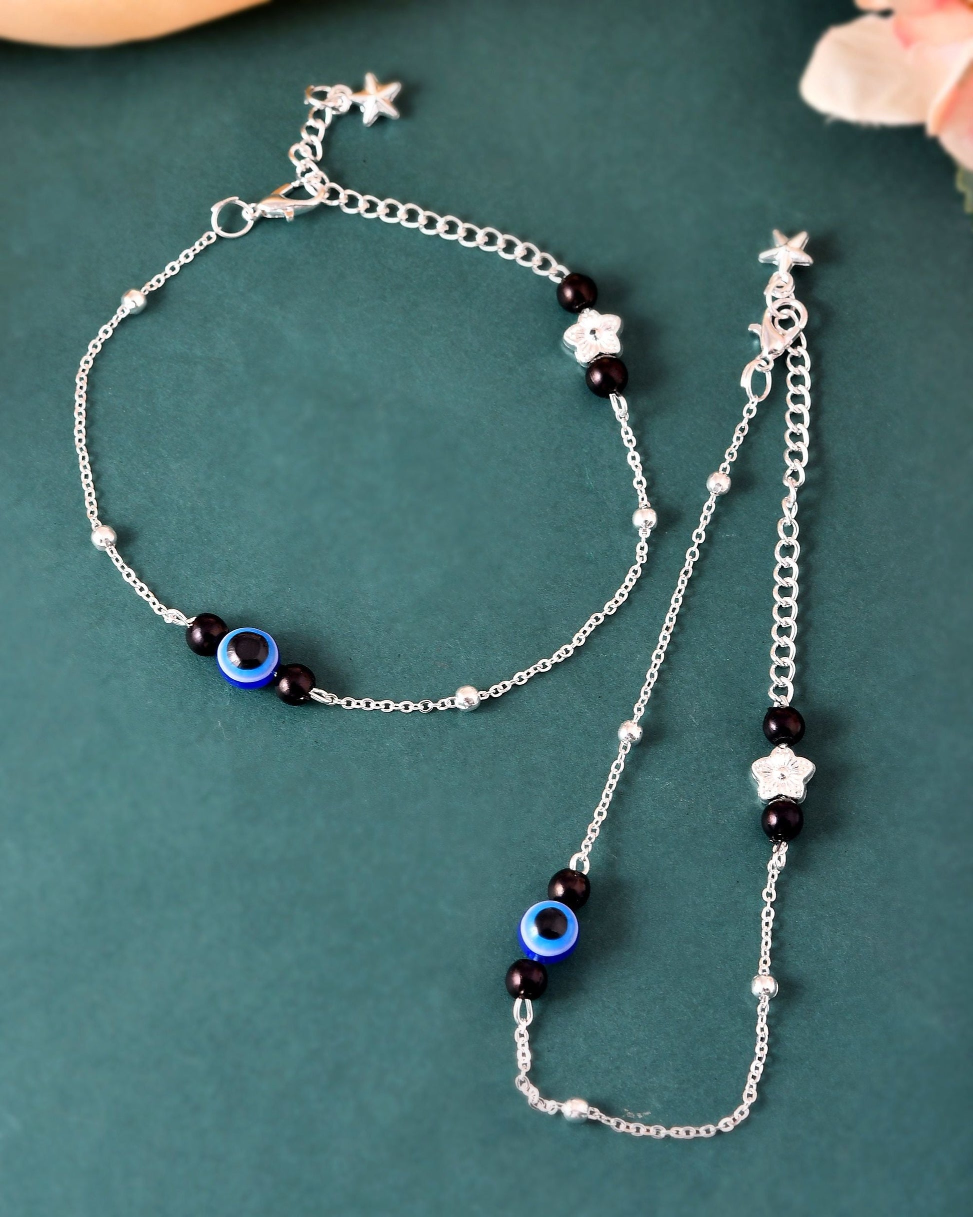 VOJ Set of 2 Silver Plated Evil Eye Beaded Anklet - Swadesiicart