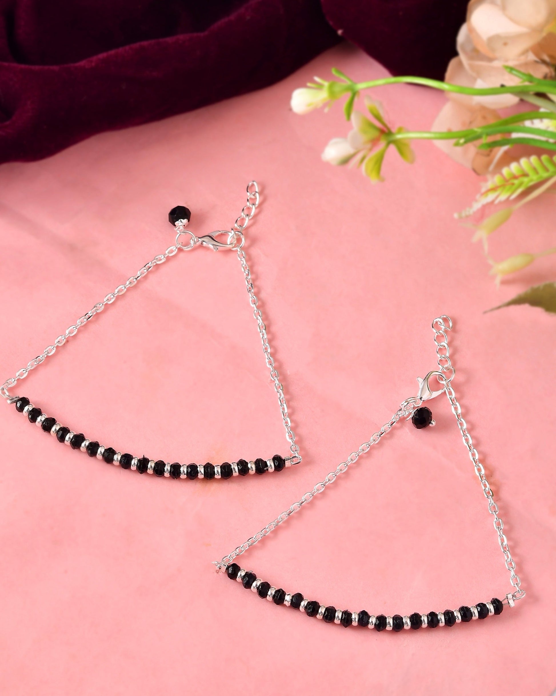VOJ Set Of 2 Silver-Plated Artificial Beads Stainless Steel Anklet - Swadesiicart
