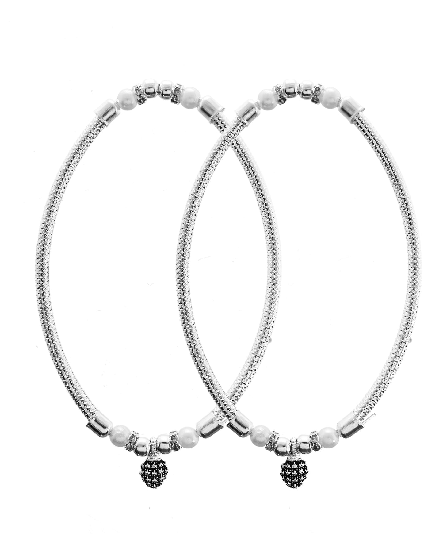 VOJ Set of 2 Silver Plated Stainless Steel Elasticated Anklet - Swadesiicart