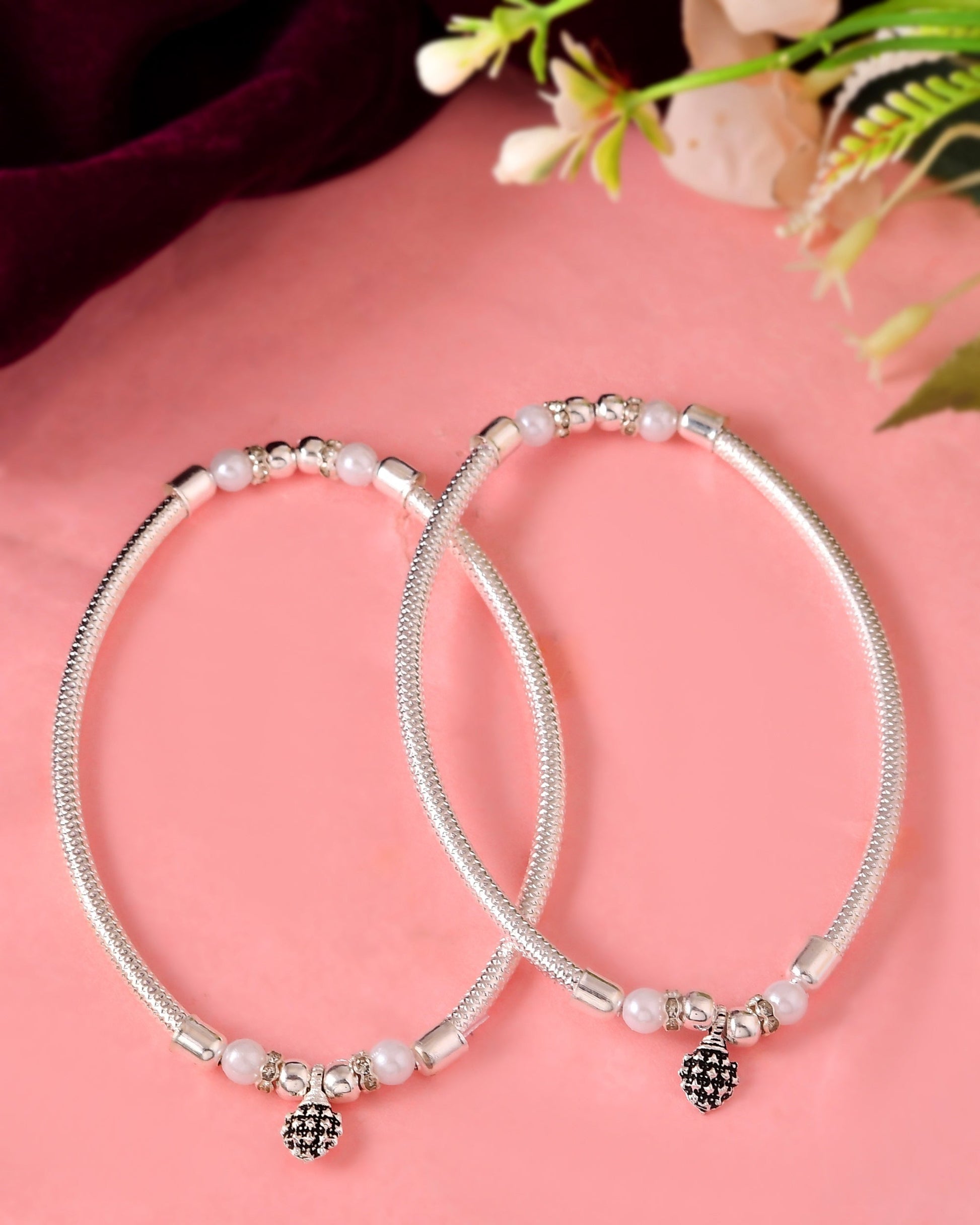 VOJ Set of 2 Silver Plated Stainless Steel Elasticated Anklet - Swadesiicart