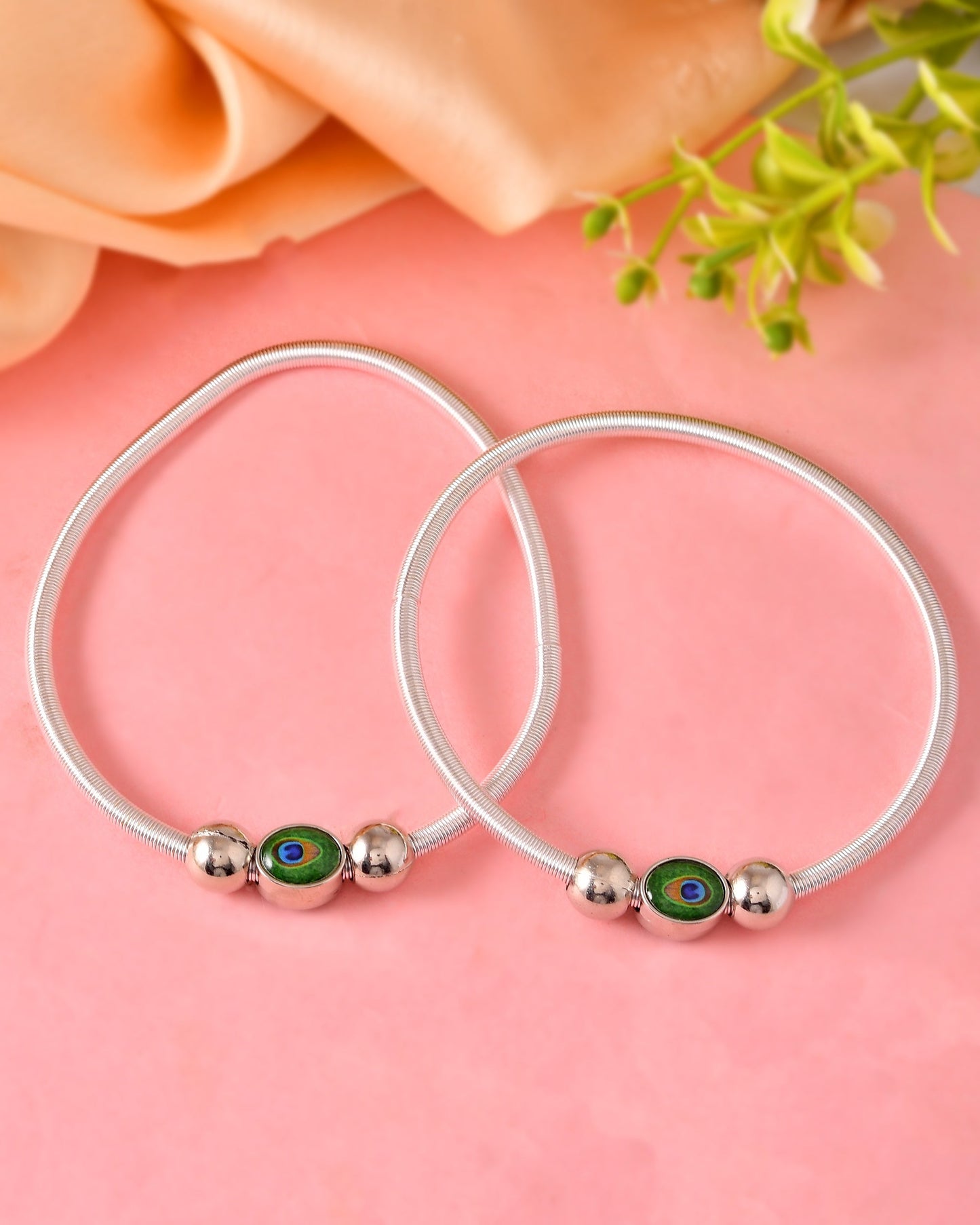 VOJ Set of 2 Silver Plated Elasticated Evil Eye Anklet - Swadesiicart