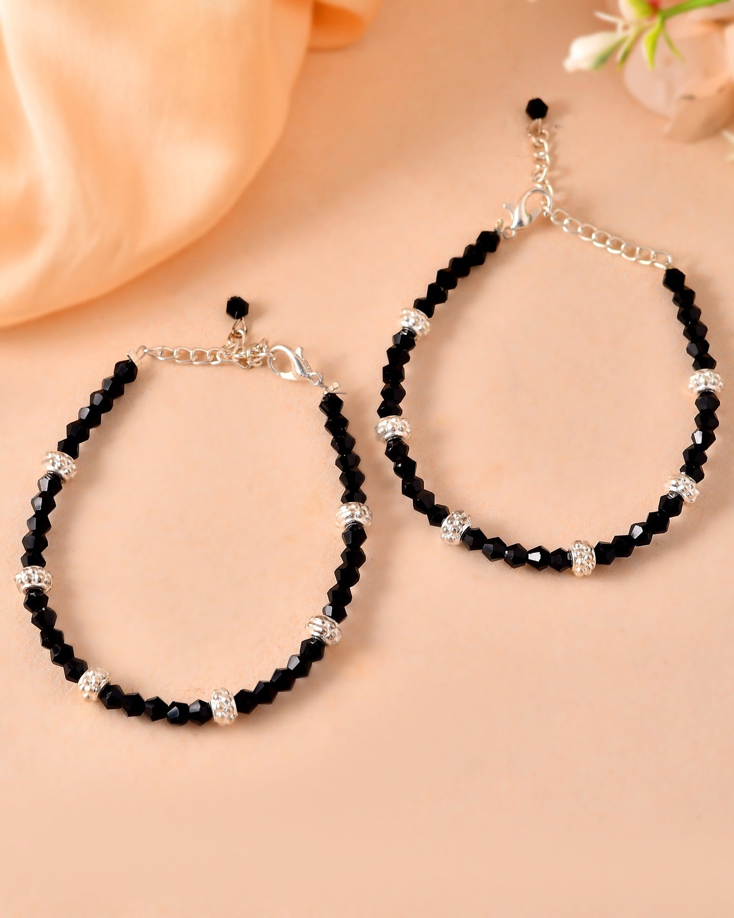 VOJ Set of 2 Silver Plated Artificial Beads Studded Anklet - Swadesiicart