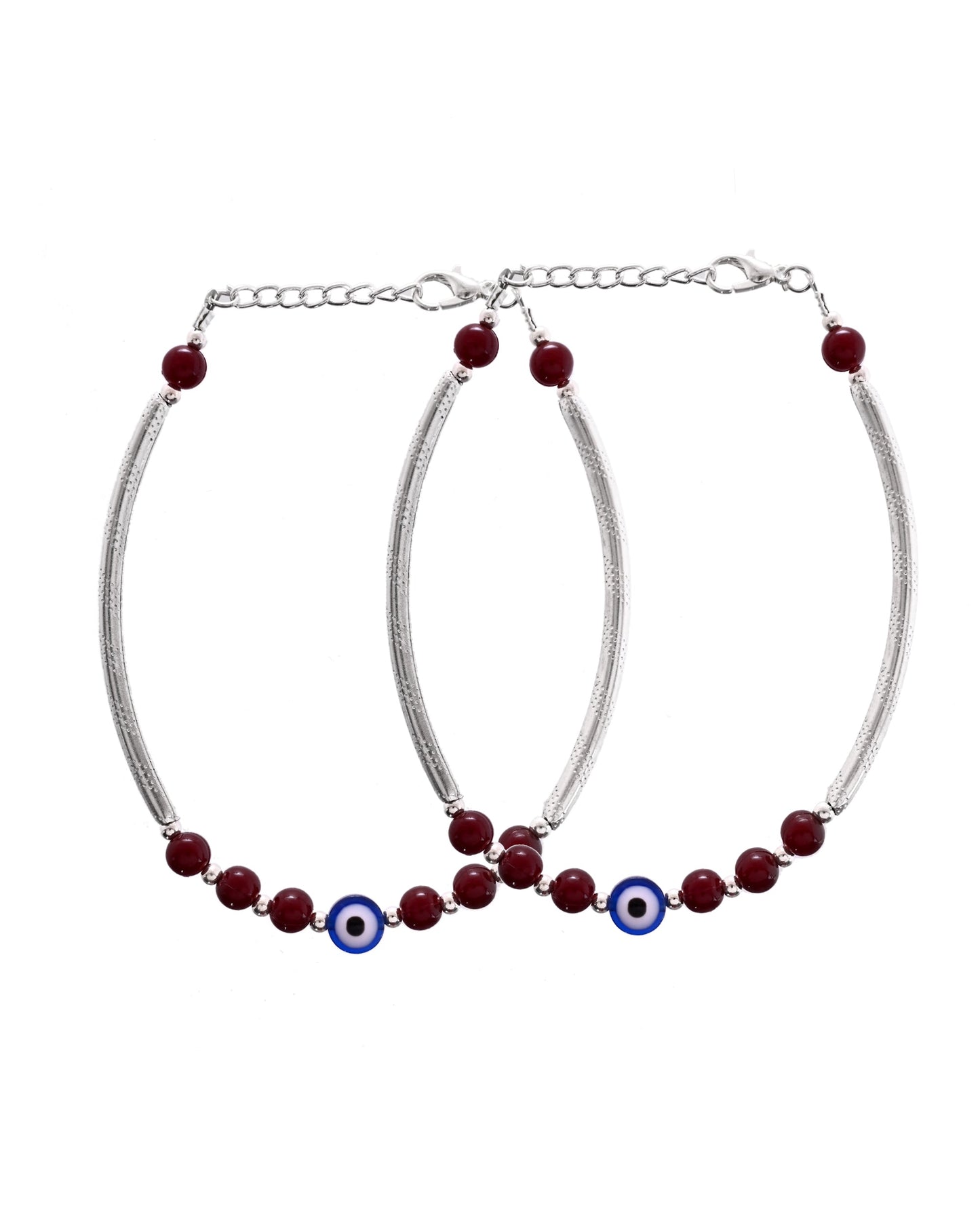 VOJ Set of 2 Silver Plated Artificial Beads Studded Evil Eye Anklet - Swadesiicart