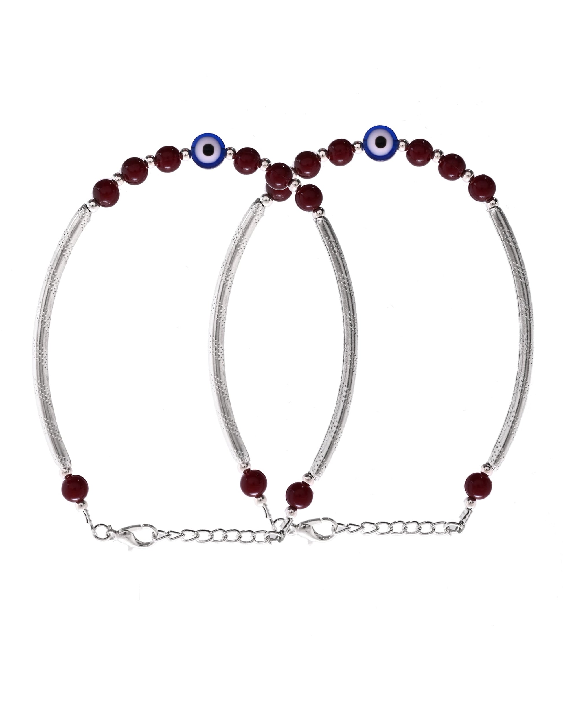 VOJ Set of 2 Silver Plated Artificial Beads Studded Evil Eye Anklet - Swadesiicart