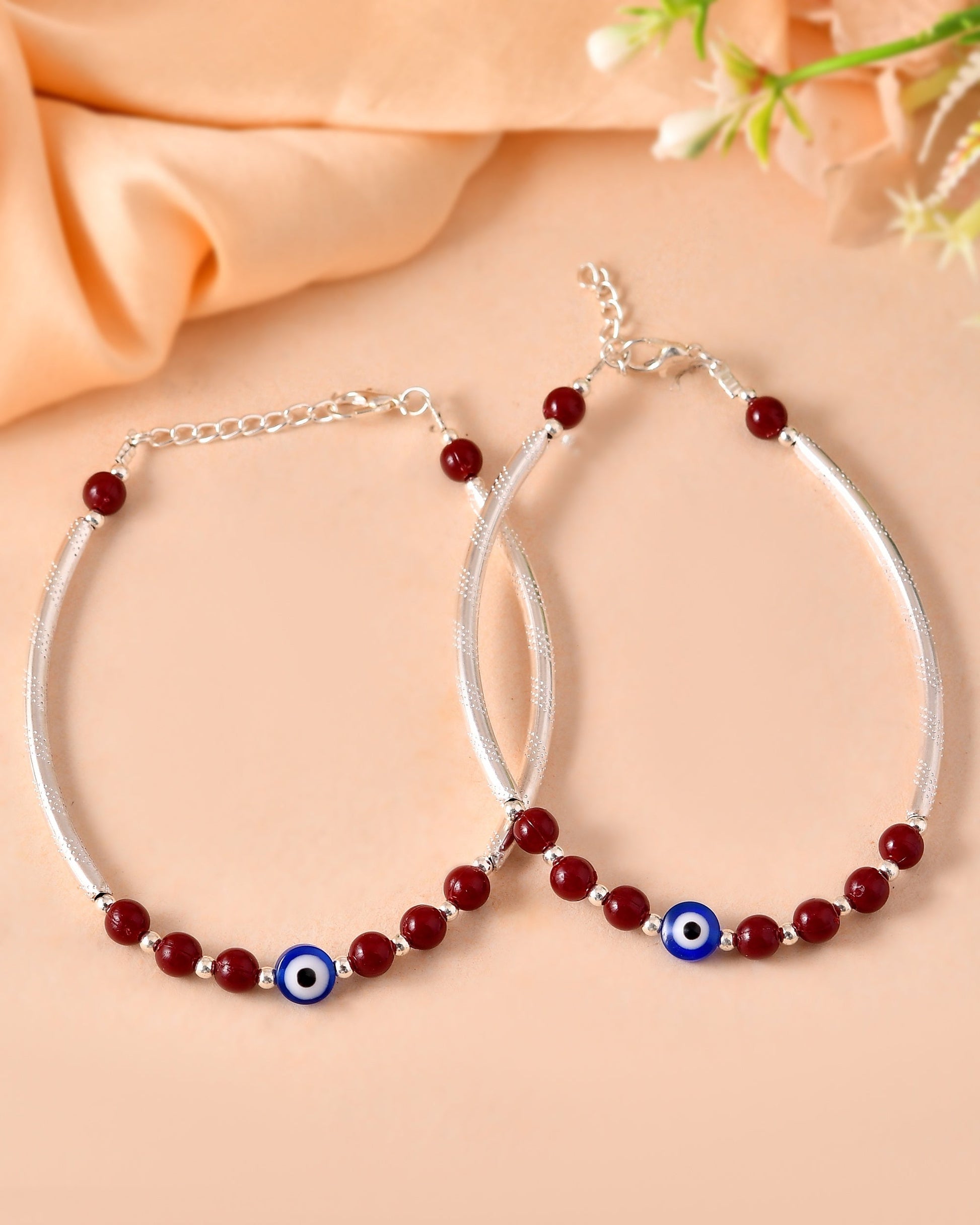 VOJ Set of 2 Silver Plated Artificial Beads Studded Evil Eye Anklet - Swadesiicart