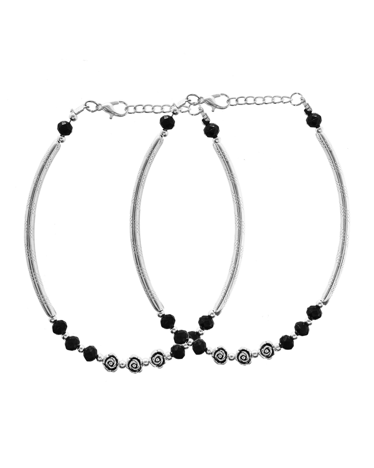 VOJ Set of 2 Silver Plated Black Artificial Beads Studded Anklet - Swadesiicart