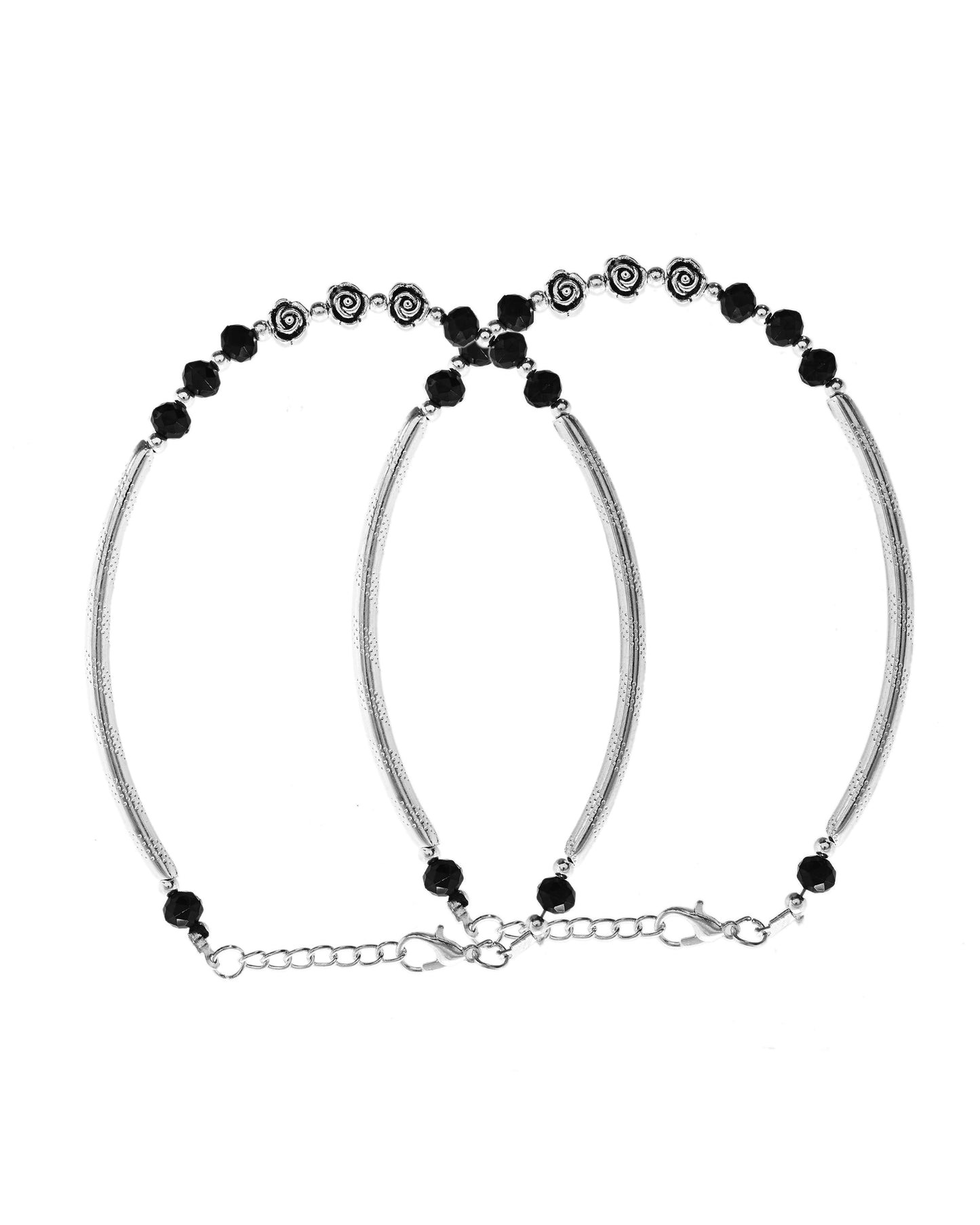 VOJ Set of 2 Silver Plated Black Artificial Beads Studded Anklet - Swadesiicart
