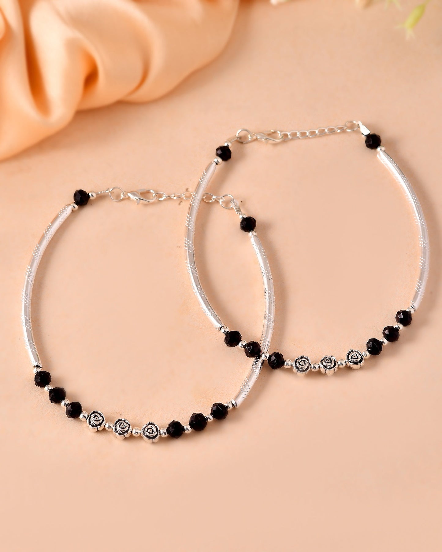 VOJ Set of 2 Silver Plated Black Artificial Beads Studded Anklet - Swadesiicart