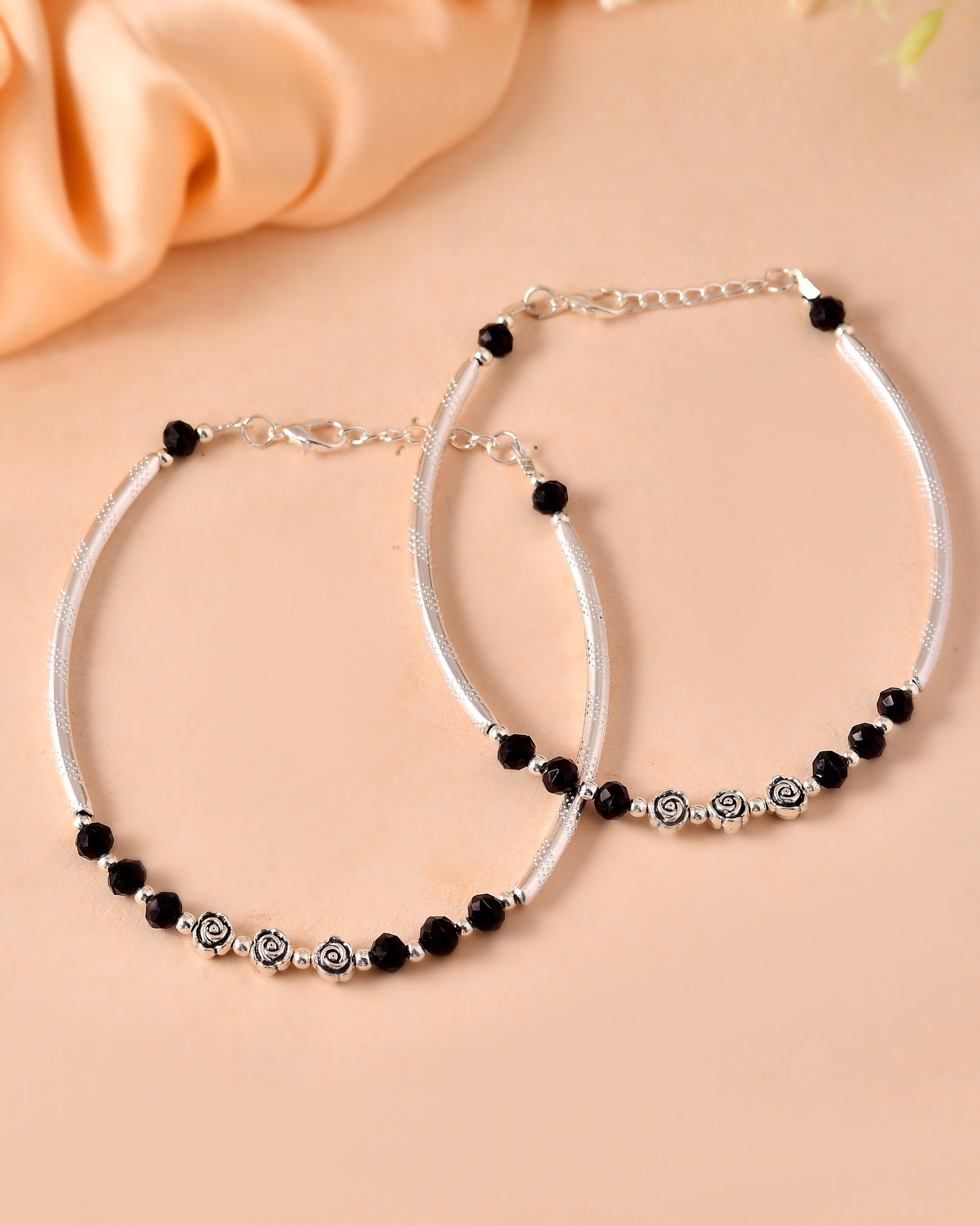 VOJ Set of 2 Silver Plated Black Artificial Beads Studded Anklet - Swadesiicart