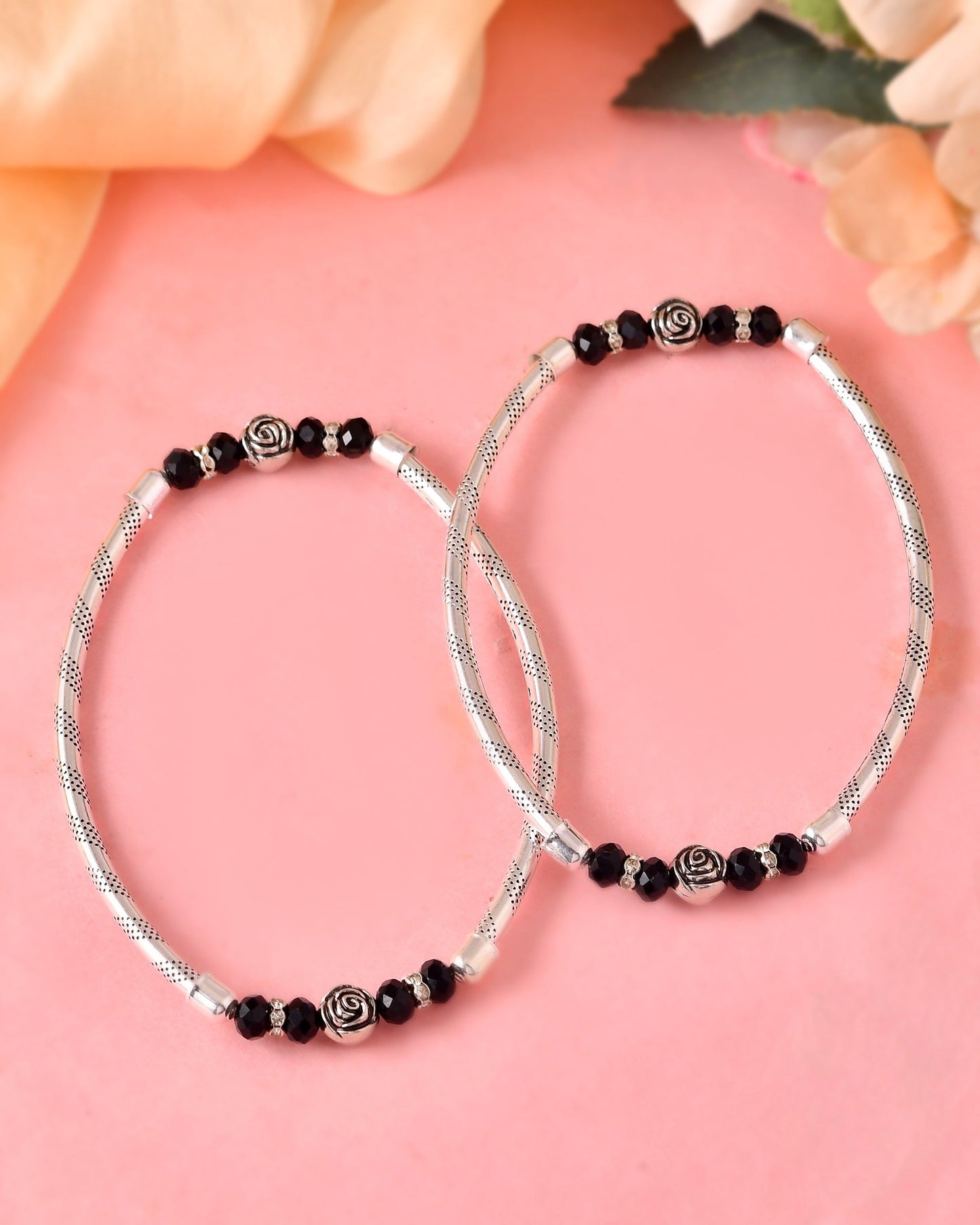 VOJ Set of 2 Silver Tone Stainless Steel Artificial Beads Elasticated Anklet - Swadesiicart