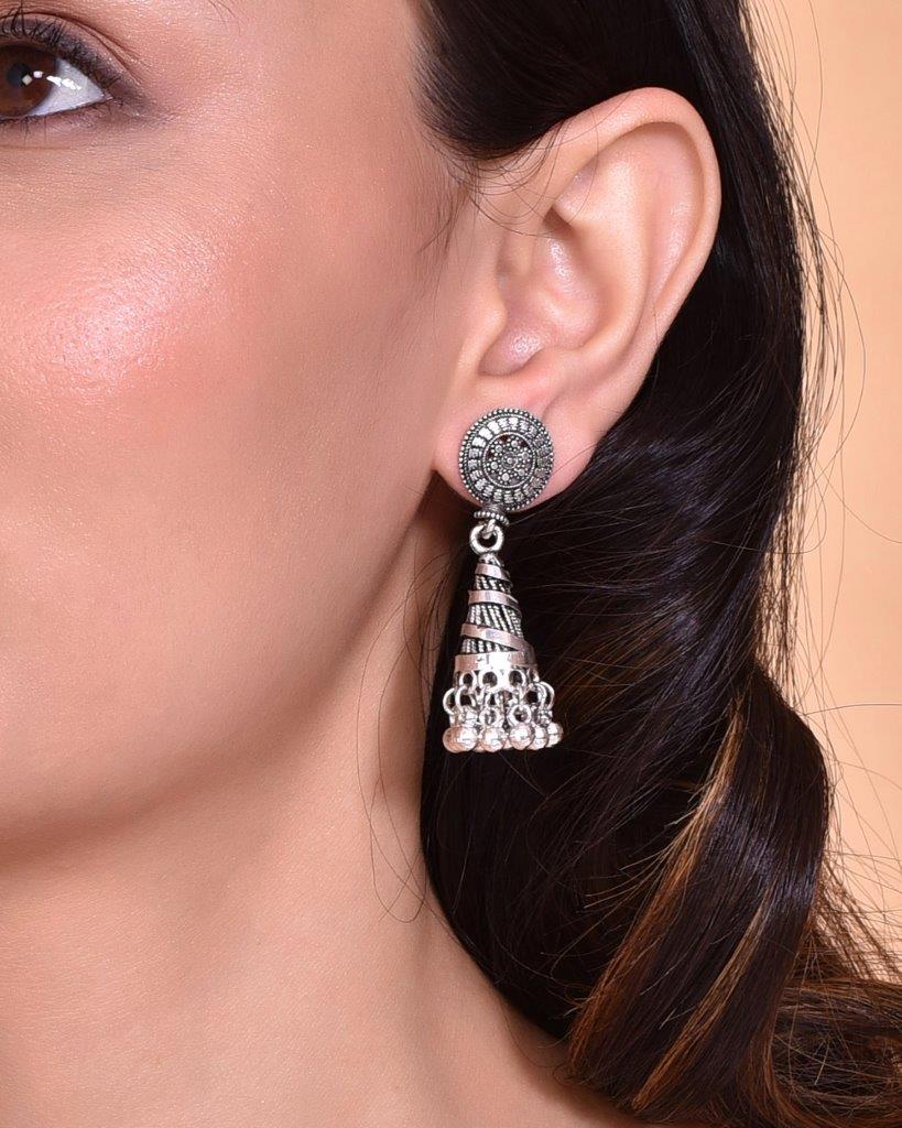 VOJ Oxidised Silver Plated Contemporary Jhumka - VOJ (Valley Of Jewellery)