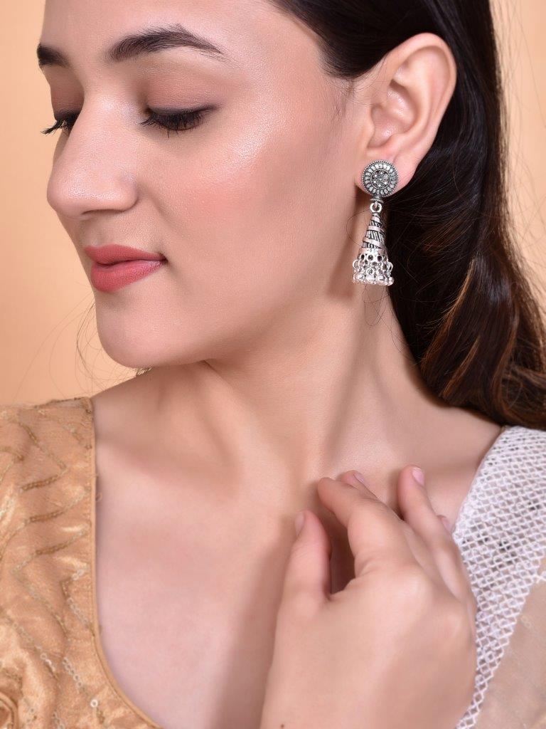 VOJ Oxidised Silver Plated Contemporary Jhumka - Swadesiicart