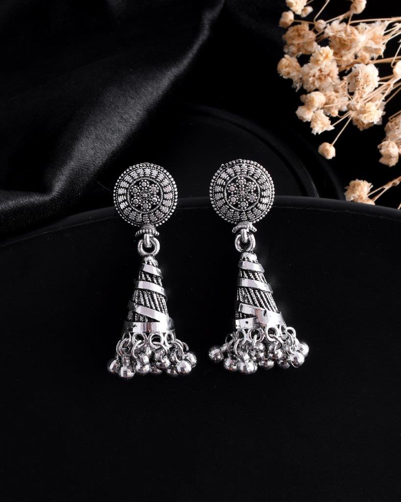 VOJ Oxidised Silver Plated Contemporary Jhumka - Swadesiicart